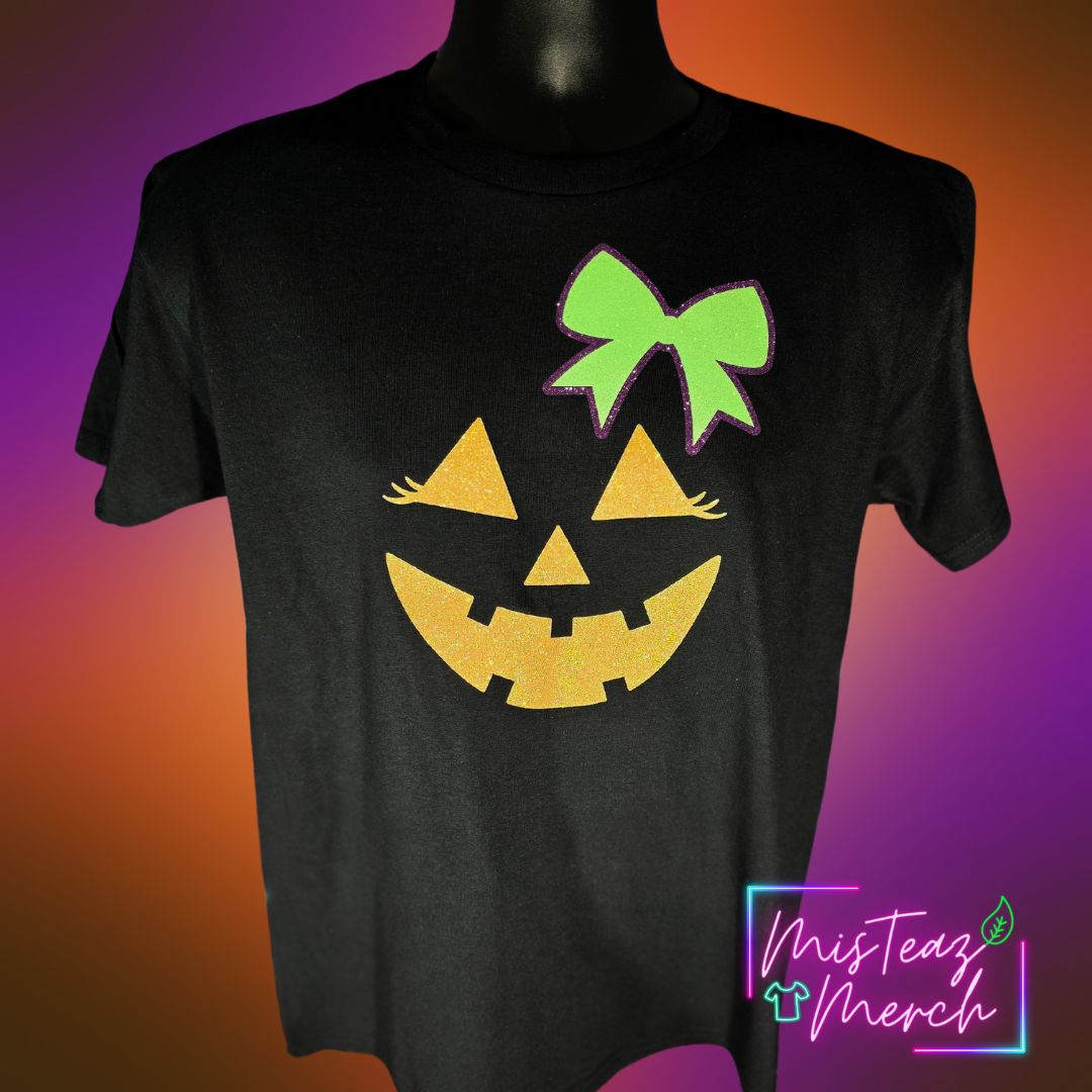 Glitter Halloween tshirt #2 Pumpkin face & Bow