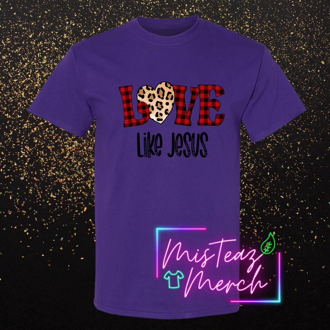 Valentine's Adult T-shirt -LOVE Like JESUS- Cheetah Heart