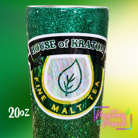 House of Kratom Fine Malt Tea Green & Gold  Custom Glitter, Stainless Steel Epoxy Tumblers, Mug, & Wine Cup