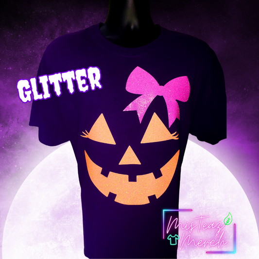 Glitter Halloween tshirt #2 Pumpkin face & Bow